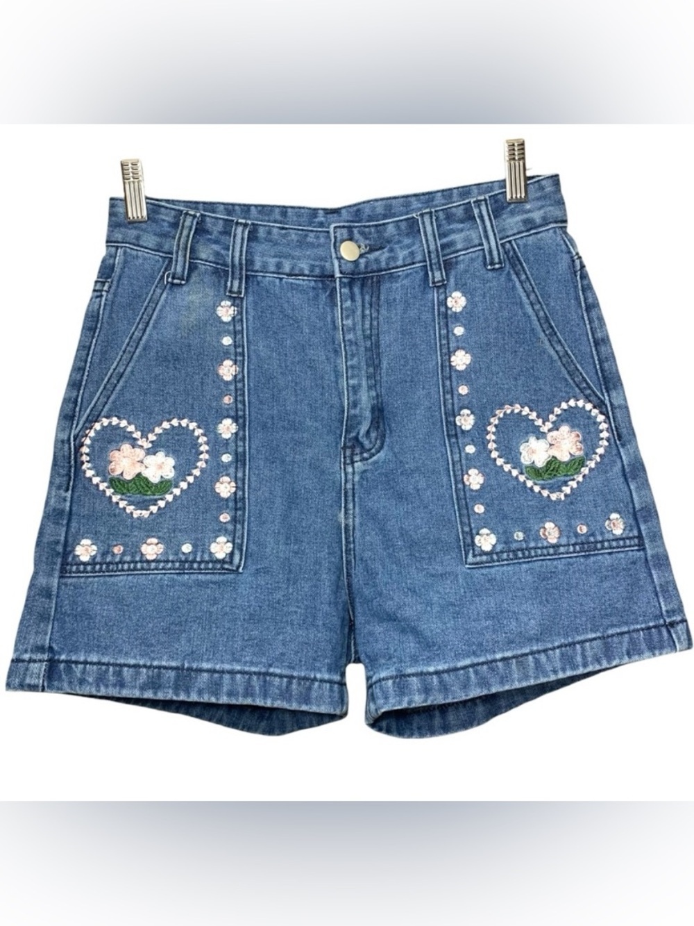 VTG High-Rise Denim Shorts Blue Sz 28 Boho Floral Embroidered Feminine Coastal